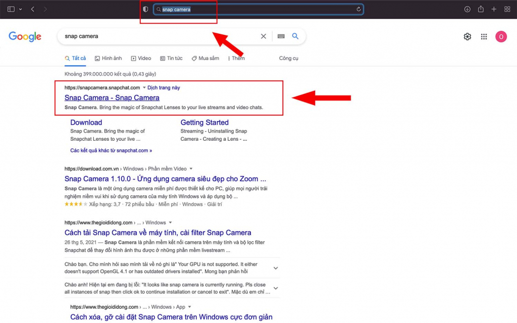 Truy cập Snap Camera bằng trình duyệt của bạn để tìm kiếm Website