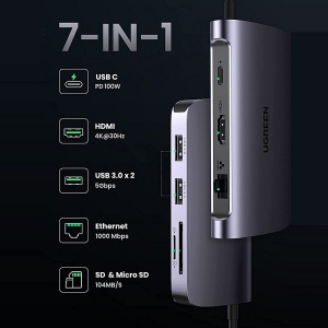 Cáp chuyển Ugreen từ USB-C 7 in 1 to HDMI + USB 3.0 + LAN 1gbps + TF/SD + PD 100W (50852)
