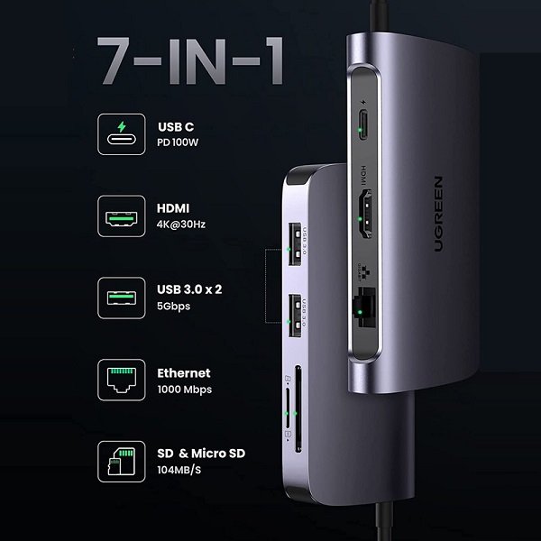 Cáp chuyển Ugreen từ USB-C 7 in 1 to HDMI + USB 3.0 + LAN 1gbps + TF/SD + PD 100W (50852) - ảnh 2