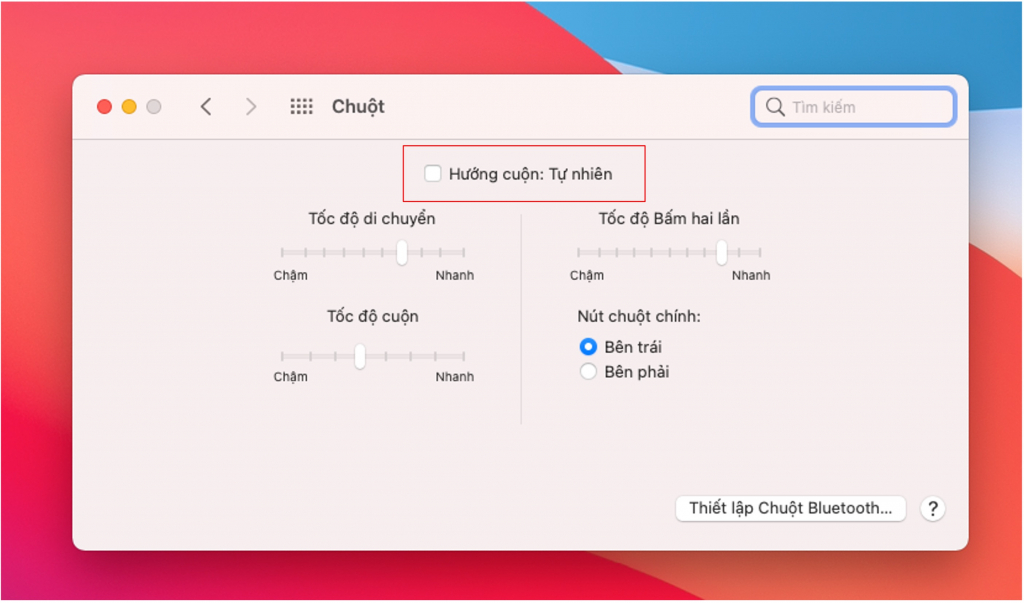 Bước 2: Chọn “ Chuột ( Mouse )” -> Bỏ tích ở mục “ Hướng tự nhiên “ vậy là bạn có thể sử dụng chuột theo hướng thông thường.