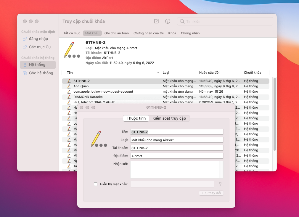 Bước 2: Chọn System -> Chọn Password -> Click vào wifi mà bạn muốn xem password